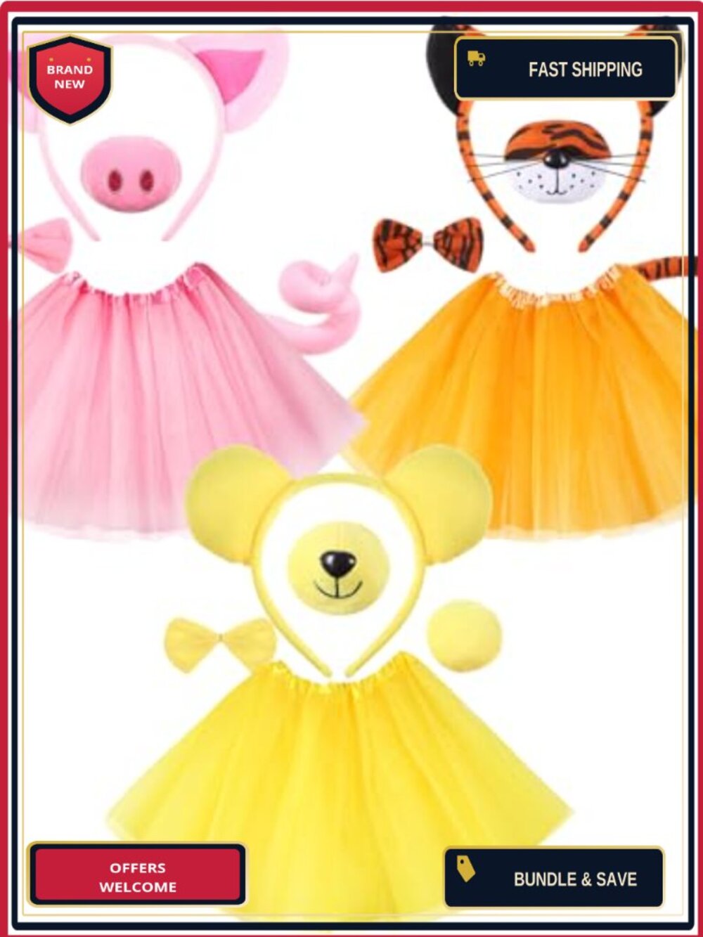 Halloween Costume Set Pig Tiger Bear Headband Tutu Skirt 3 Piece